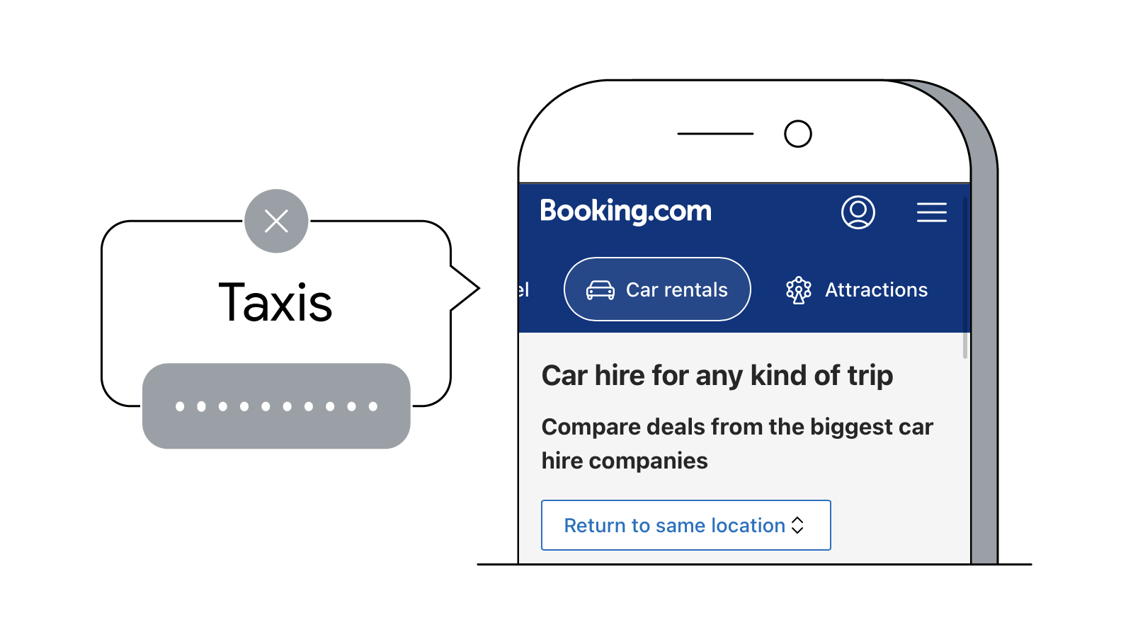 An animated gif showing a page from the Booking.com mobile website. The menu item “Car rentals” is highlighted, and there is a speech bubble to the right of the page saying “Taxis” with a cross and moving to “Car rentals” with a tick mark.
